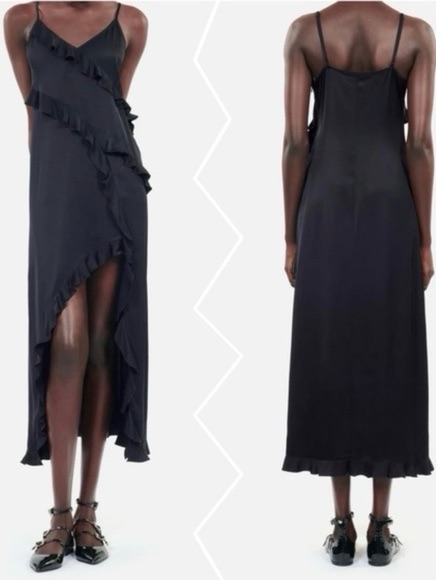 Nwt The Kooples Ruffled Asymmetric High Slit Midi Slip Dress | Retail $325!